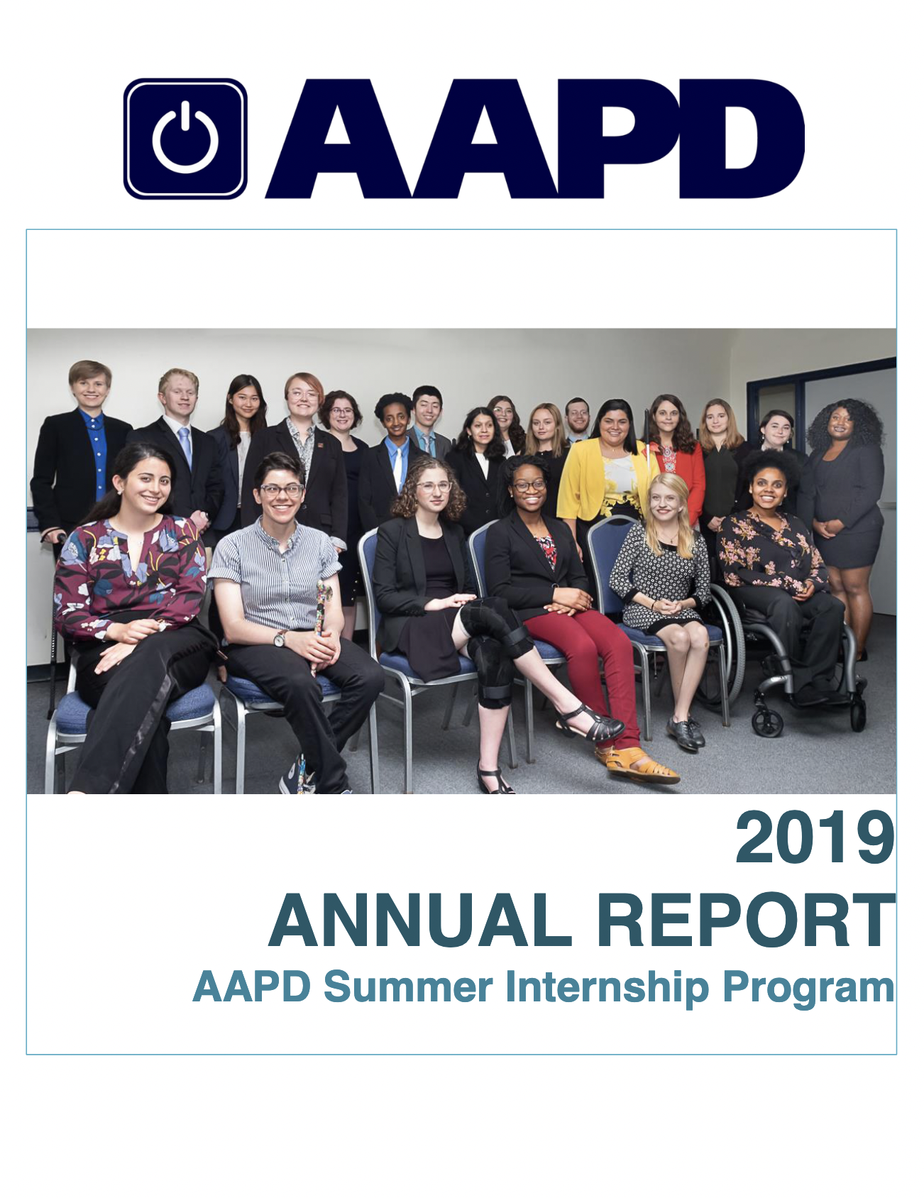 2019 Summer Internship Program Annual Report screenshot of 2019 annual report with aapd logo above image of group of people posing for photo