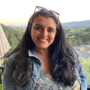 Zainub is a brown woman with long black hair. She has sunglasses on top of her head and is wearing a jean jacket with a green floral shirt. Behind her is a landscape scenery.